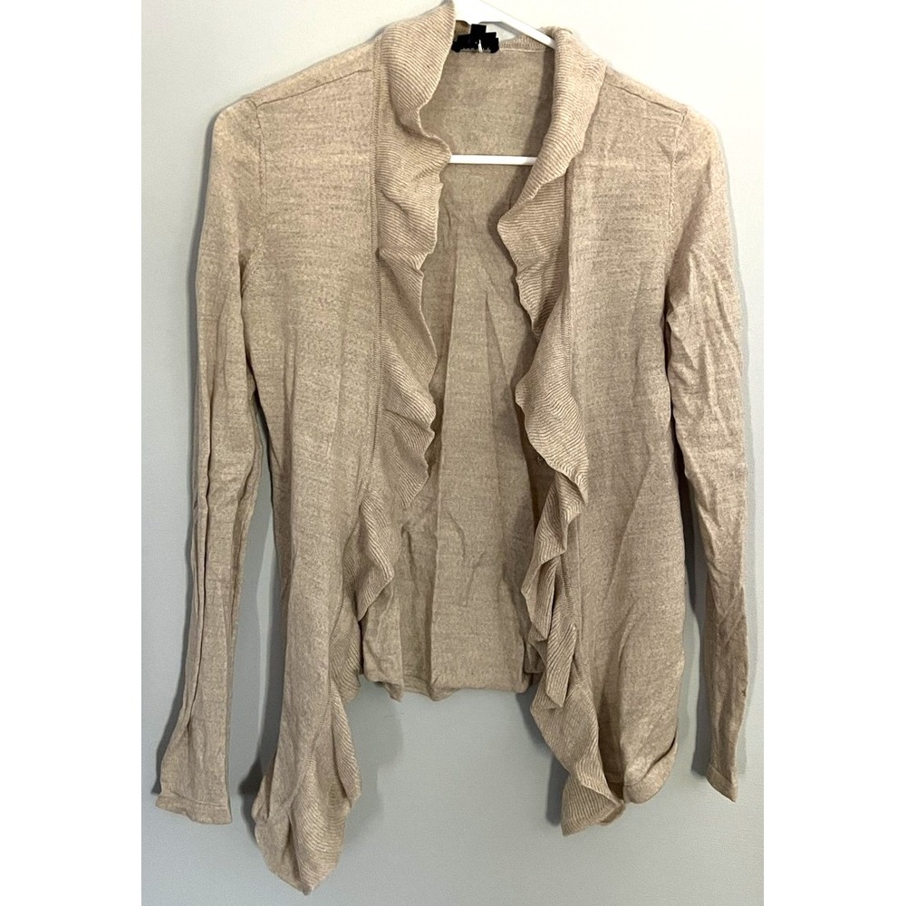 Talbots Sweater Womens XS Beige Italian Merino Wool Open Front Ruffle Cardigan